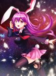  1girl absurdres animal_ears black_legwear blazer boots breasts bunny_tail extra_ears highres jacket koissa long_hair looking_at_viewer miniskirt moon necktie open_mouth pleated_skirt purple_hair rabbit_ears red_eyes red_necktie reisen_udongein_inaba skirt smile solo tail thigh-highs touhou very_long_hair zettai_ryouiki 