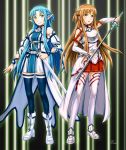  2girls aoi_honou asuna_(sao) asuna_(sao-alo) blue_eyes blue_hair breastplate brown_eyes brown_hair detached_sleeves dual_persona highres long_hair multiple_girls pointy_ears sheath standing sword sword_art_online thigh-highs unsheathing weapon 