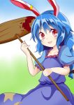  1girl :3 :d aki_chimaki animal_ears blue_hair dress ear_clip frilled_sleeves frills mallet open_mouth puffy_short_sleeves puffy_sleeves rabbit_ears red_eyes seiran_(touhou) short_sleeves smile stain touhou 