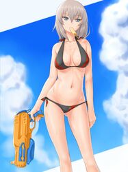  1girl bikini black_bikini blue_eyes blue_sky breasts cleavage clouds collarbone girls_und_panzer gluteal_fold highres itsumi_erika navel popsicle rasukaru silver_hair sky solo swimsuit water_gun wet 