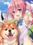  1girl 2015 :d aqua_bowtie armpit_peek artist_name blush clouds collared_shirt demon_tail dog fang head_tilt highres nana_asta_deviluke official_art open_mouth pink_eyes pink_hair pointing pointing_forward school_uniform shiba_inu shirt short_sleeves sky smile tail to_love-ru tongue tongue_out twintails watermark white_shirt wing_collar yabuki_kentarou 