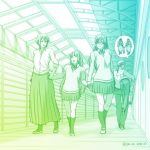  2boys 3girls carrying carrying_under_arm dated echizen_(tanakeda) girl_sandwich hand_holding indoors joe_(milkcrown) kneehighs long_skirt miyano_(tanakeda) monochrome multiple_boys multiple_girls oota_(tanakeda) pleated_skirt sandwiched school_uniform shiraishi_(tanakeda) shoes skirt sweater tanaka-kun_wa_itsumo_kedaruge tanaka_(tanakeda) thinking train_station twitter_username uwabaki 