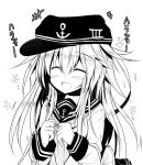  +++ 1girl ai_takurou anchor_symbol bangs blush closed_eyes eyebrows eyebrows_visible_through_hair flat_cap flower greyscale hair_between_eyes happy hat hibiki_(kantai_collection) kantai_collection long_hair long_sleeves monochrome motion_lines neckerchief open_mouth pleated_skirt school_uniform serafuku sidelocks simple_background sketch skirt smile solo translation_request upper_body white_background 
