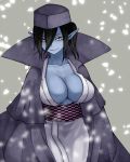  1girl aoshima black_hair blue_skin breasts brown_eyes cleavage commentary_request fang forbidden_scrollery fortune_teller_(touhou) genderswap genderswap_(mtf) grin highres japanese_clothes kimono large_breasts looking_at_viewer obi pointy_ears sash smile solo touhou 