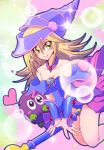  1girl bare_shoulders blonde_hair boots breasts dark_magician_girl duel_monster female green_eyes hat kuriboh legs looking_at_viewer magical_girl smile yu-gi-oh! yuu-gi-ou_duel_monsters 