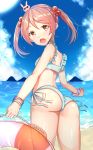  1girl ass back beach bikini blue_sky glasses hair_bobbles hair_ornament highres kantai_collection lifebuoy looking_back mountain nan_(jyomyon) pink_eyes pink_hair rabbit sand sazanami_(kantai_collection) short_hair sky sunglasses swimsuit tied_hair twintails 