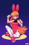  1girl ;d akazutsumi_momoko andava blue_background bow clenched_hands earrings fingerless_gloves flat_chest full_body gloves hair_bow highres hyper_blossom jewelry leotard long_hair one_eye_closed open_mouth orange_hair powerpuff_girls_z red_bow red_eyes shoes sitting smile solo thigh-highs very_long_hair white_legwear 