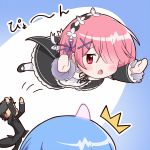  /\/\/\ 1boy 2girls black_hair blue_hair blush hair_ornament hair_over_one_eye horn maid maid_headdress minagi_(gogogo) multiple_girls natsuki_subaru pink_hair ram_(re:zero) re:zero_kara_hajimeru_isekai_seikatsu red_eyes rem_(re:zero) ribbon short_hair siblings sisters skirt surprised throwing translation_request twins x_hair_ornament 