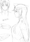  1girl arms_behind_back bangs breasts character_sheet epaulettes female_admiral_(kantai_collection) greyscale hair_between_eyes hat highres kantai_collection large_breasts long_hair looking_at_viewer military military_hat military_uniform monochrome niwatazumi peaked_cap sidelocks sketch tatebayashi_sakurako translation_request uniform upper_body white_background 
