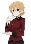  1girl bangs black_skirt blonde_hair blue_eyes braid cup darjeeling fuyube_gin_(huyube) girls_und_panzer holding jacket light_smile long_sleeves looking_at_viewer military military_uniform miniskirt pleated_skirt red_jacket saucer short_hair simple_background skirt solo standing teacup tied_hair twin_braids uniform upper_body white_background 