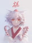  1girl animal_ears bangs closed_eyes dated guan_tang_baozi hat highres inubashiri_momiji japanese_clothes looking_at_viewer messy_hair pom_pom_(clothes) red_eyes shirt short_hair solo tokin_hat touhou upper_body white_hair wolf_ears 