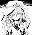  1girl =3 ai_takurou bangs blush buttons closed_mouth collarbone double_v eyebrows eyebrows_visible_through_hair flat_cap greyscale hair_between_eyes hammer_and_sickle hat hibiki_(kantai_collection) kantai_collection long_hair long_sleeves looking_at_viewer monochrome school_uniform serafuku sidelocks sketch smile solo sparkle star two-tone_background upper_body v verniy_(kantai_collection) 