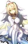  1girl ahoge belt blonde_hair bodysuit breasts chains fate/extra fate/extra_ccc fate_(series) gloves green_eyes lock looking_at_viewer medium_breasts padlock saber_bride saber_extra shinooji smile solo veil white_gloves 