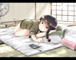  1girl bangs black_hair blunt_bangs blush cellphone cellphone_strap electric_fan electric_socket futon hand_on_own_head hiromochi_jin indoors jewelry kantai_collection kitakami_(kantai_collection) letterboxed long_hair looking_at_viewer lying no_pants phone pillow ring school_uniform serafuku smartphone smile solo tatami tissue_box wedding_band 