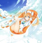  1girl bare_shoulders blue_eyes breasts choujigen_game_neptune elbow_gloves female gloves hair_ornament headphones highres long_hair neptune_(series) official_art orange_hair orange_heart power_symbol solo symbol-shaped_pupils tennouboshi_uzume tsunako twintails white_gloves 