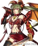  1girl armpits black_legwear demon_tail earrings gauntlets green_hair holding holding_sword holding_weapon jewelry katana keible long_hair miniskirt navel pink_eyes pointy_ears ragna_cross red_skirt skirt solo sword tail thigh-highs twintails watermark weapon wings 