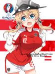  1girl alternate_costume anchor_hair_ornament blonde_hair blue_eyes breasts euro_2016 football_uniform fujii_jun gloves hair_between_eyes hair_ornament hat kantai_collection large_breasts long_hair looking_at_viewer open_mouth peaked_cap prinz_eugen_(kantai_collection) soccer soccer_uniform solo sportswear white_gloves 