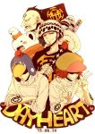  2013 6+boys artist_request bear bepo blue_hair crossed_arms dated double_v earflap_hat earrings glasses hat hat_over_eyes hat_pompom headband heart_(symbol) heart_pirates jean_bart jolly_roger jumpsuit multiple_boys nodachi one_piece penguin_(one_piece) pirate_flag pom_pom_(clothes) raglan_sleeves shachi_(one_piece) sheathed_sword simple_background smile source_request sunglasses sword tattoo teeth trafalgar_law v weapon white_background 