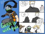  1girl 3boys 3koma beard blonde_hair blue_eyes bodysuit broken_cup comic commentary_request cowboy_hat dated facial_hair flat_color genji_(overwatch) hand_up hat high_ponytail lillu mccree_(overwatch) mercy_(overwatch) multiple_boys no_eyes overwatch power_armor short_sleeves simple_background soldier:_76_(overwatch) sweat translation_request turtleneck visor white_background younger 