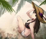 1girl adjusting_clothes adjusting_hat arm_support bangs barefoot beach bikini breasts brown_hair collarbone commentary from_above full_body green_eyes hat highres idolmaster idolmaster_cinderella_girls leaning_back long_hair looking_at_viewer looking_back looking_up medium_breasts palm_tree sand shibuya_rin shorts sitting smile solo straw_hat sun_hat swimsuit tree yashigaras 