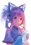  1girl backlighting cup drink drinking_straw expressionless headphones holding original pink_hair ponytail red_eyes sakimori_(hououbds) short_ponytail sidelocks simple_background solo upper_body white_background 