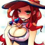  1girl bare_shoulders breasts cleavage cleavage_cutout earrings erect_nipples green_eyes hat hat_ribbon heart heart-shaped_glasses heart-shaped_pupils heart-shaped_sunglasses hoop_earrings jewelry large_breasts league_of_legends long_hair looking_at_viewer pool_party_miss_fortune redhead ribbon sarah_fortune solo stchi.wong symbol-shaped_pupils 