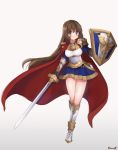  1girl armor armored_dress blue_eyes boots breasts brown_eyes brown_hair cape full_body gauntlets highres knight long_hair miniskirt original paladin shield skirt solo sword thighs very_long_hair weapon woorin 