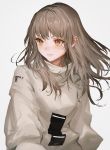  1girl baggy_clothes bangs brown_hair character_request copyright_request floating_hair grey_background highres light_smile lm7_(op-center) looking_to_the_side orange_eyes solo sweater upper_body 