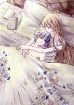  1boy 1girl age_difference bed blonde_hair blue_eyes blue_hair book child closed_eyes collarbone earrings flower height_difference hug livius_orvinus_ifriqiyah long_hair lying lying_on_person nike_remercier ojon one_eye_closed open_mouth pillow soredemo_sekai_wa_utsukushii teenage_girl_and_younger_boy 