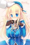  1girl ai_takurou atago_(kantai_collection) bangs beret blonde_hair blue_eyes blush breasts brown_gloves eyebrows eyebrows_visible_through_hair flying_sweatdrops gloves hair_between_eyes hand_on_own_chest hat kantai_collection large_breasts long_hair long_sleeves motion_lines nose_blush open_mouth petting pink_background sidelocks solo_focus translation_request uniform upper_body wavy_mouth white_gloves 