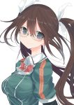  1girl absurdres black_eyes bow bowtie breasts brown_hair commentary_request glasses hair_ribbon highres kantai_collection light_smile long_hair looking_at_viewer medium_breasts nao_(qqqbb) remodel_(kantai_collection) ribbon simple_background solo tone_(kantai_collection) twintails white_background 