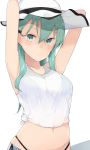  1girl alternate_costume aqua_eyes aqua_hair arms_behind_head breasts cleavage cole hair_between_eyes hat highres kantai_collection large_breasts long_hair looking_at_viewer midriff navel pouty_lips shirt sleeveless sleeveless_shirt sun_hat suzuya_(kantai_collection) tied_shirt white_shirt 
