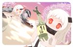  3girls aircraft airplane blue_eyes bottle breast_suppress breasts bucket cherry_blossoms closed_mouth collarbone glowing head_tilt highres holding kantai_collection long_hair miniature multiple_girls northern_ocean_hime one_eye_closed onsen phibonnachee red_eyes sake_bottle seaport_hime shinkaisei-kan single_horn tokkuri water white_hair wo-class_aircraft_carrier 