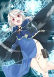  1girl absurdres blonde_hair braid cape caster caster_(cosplay) choker cosplay dress fate/kaleid_liner_prisma_illya fate_(series) foreshortening from_below furun gloves highres holster illyasviel_von_einzbern magic_circle open_mouth red_eyes thigh_holster wand 