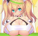  1girl aqua_eyes asamura_hiori blonde_hair breast_rest breasts bursting_breasts cleavage gene_(pso2) huge_breasts long_hair looking_at_viewer phantasy_star phantasy_star_online_2 shiny shiny_skin smile solo sweat twintails under_boob 