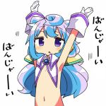  1boy armpits arms_up blue_hair commentary_request gloves hacka_doll hacka_doll_3 kanikama long_hair looking_at_viewer male_focus simple_background solo translation_request trap violet_eyes white_background white_gloves 
