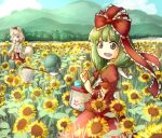  3girls animal_ears bag beige_hair blue_hair blue_sky bow butterfly_net cabbie_hat clouds day detached_sleeves eating field flower flower_field food forest green_hair hair_bow hair_ribbon hand_net hat ice_cream inubashiri_momiji kagiyama_hina kawashiro_nitori long_hair mountain multiple_girls nature open_mouth pom_pom_(clothes) red_shirt red_skirt ribbon shirt short_hair skirt sky sleeveless sleeveless_shirt smile stream tail tikano tokin_hat touhou tree two_side_up white_shirt wolf_ears wolf_tail 