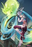  1girl aqua_eyes aqua_hair ass atdan bodysuit dragon genji_(overwatch) genji_(overwatch)_(cosplay) hatsune_miku highres katana long_hair overwatch smile solo sword twintails very_long_hair vocaloid weapon 