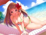  1girl :d alternate_costume amagi_(kantai_collection) bare_legs barefoot beach beach_chair bikini blush bow breasts brown_eyes brown_hair clouds cloudy_sky dutch_angle flower full_body green_bikini hair_between_eyes hair_bow hair_flower hair_ornament hat hibiscus kantai_collection large_breasts long_hair looking_at_viewer midriff minami_(apricot_tea) mole mole_under_eye navel ocean open_mouth outdoors palm_tree ponytail side-tie_bikini sideboob sitting sky smile swimsuit thighs tree yokozuwari 