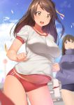  2girls alternate_costume blurry bouncing_breasts breasts brown_eyes brown_hair building buruma clenched_hand clouds cloudy_sky depth_of_field gym_uniform hair_bun hair_ribbon hands_in_pockets idolmaster idolmaster_cinderella_girls jitome jogging large_breasts long_hair looking_at_another looking_away multiple_girls open_mouth outdoors ribbon shibuya_rin shimamura_uzuki shirt sky sportswear sungpark sweater turtleneck_sweater white_shirt 