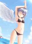  1girl ;( ahoge armpits arms_up bare_arms bare_shoulders bikini black_bikini blue_sky breasts closed_mouth collarbone cross day dutch_angle eyebrows eyebrows_visible_through_hair head_tilt highres horizon kishin_sagume kuro_(baseball0000) lifebuoy navel o-ring_bikini o-ring_bottom ocean outdoors red_eyes silver_hair single_wing sky small_breasts solo sparkle stomach stretch summer swimsuit thighs touhou under_boob wings 