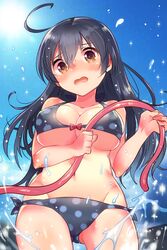  1girl adapted_costume ahoge ass bare_shoulders bikini black_hair blush breasts brown_eyes gluteal_fold hoe hose ichihaya kantai_collection large_breasts long_hair looking_at_viewer navel open_mouth polka_dot polka_dot_bikini polka_dot_swimsuit side-tie_bikini solo sparkle stomach swimsuit thigh_gap thighs ushio_(kantai_collection) water worktool 