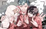  3boys black_hair blonde_hair blue_eyes blue_hair grin gyunyu gyuunyuu_(mashika) highres hood horikawa_kunihiro jacket male_focus multiple_boys open_mouth smile sweat touken_ranbu track_jacket v yamabushi_kunihiro yamanbagiri_kunihiro 