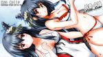  2girls :o adosan angry bikini black_hair blush bowl breasts character_name cleavage copyright_name covered_navel fusou_(kantai_collection) hair_ornament highres kantai_collection large_breasts long_hair looking_at_viewer midriff multiple_girls navel one-piece_swimsuit red_eyes shaved_ice short_hair side-tie_bikini spoon swimsuit yamashiro_(kantai_collection) 