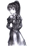 1girl android arms_behind_back center_frills closed_mouth dazzle_(shinkonryu) dress expressionless frilled_dress frills greyscale juliet_sleeves long_hair long_sleeves looking_to_the_side monochrome original ponytail puffy_sleeves simple_background solo standing white_background 
