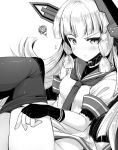  1girl ai_takurou bangs blunt_bangs blush breasts closed_eyes closed_mouth dress dressing eyebrows eyebrows_visible_through_hair fingerless_gloves flying_sweatdrops gloves greyscale headgear kantai_collection long_hair looking_at_viewer monochrome murakumo_(kantai_collection) neckerchief no_panties nose_blush pantyhose sailor_dress short_sleeves sidelocks simple_background sitting sketch small_breasts solo squiggle thighs white_background 
