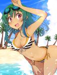  1girl :d beach bikini blush breasts goggles goggles_on_head green_hair long_hair maruhana navel open_mouth original palm_tree pink_eyes short_hair side-tie_bikini smile solo star star-shaped_pupils striped striped_bikini swimsuit symbol-shaped_pupils tree water 