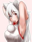  1girl alternate_hair_length alternate_hairstyle animal_ears bare_shoulders blush breasts inubashiri_momiji kyabe_tsuka long_hair pink_background pom_pom_(clothes) red_eyes silver_hair simple_background solo touhou wolf_ears 