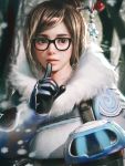  1girl bangs beads black-framed_eyewear blue_gloves brown_eyes brown_hair coat cursedapple drone eyelashes finger_to_mouth fur-lined_jacket fur_coat fur_trim glasses gloves hair_bun hair_ornament hair_stick hand_up highres lips lipstick machinery makeup mei_(overwatch) nose overwatch parted_bangs parted_lips pink_lips realistic robot ryan_tien short_hair shushing sidelocks smile snow snowball_(overwatch) snowflake_hair_ornament snowflakes snowing solo swept_bangs tree upper_body winter_clothes winter_coat 