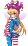  1girl absurdres alternate_legwear american_flag_dress american_flag_legwear blonde_hair blush breasts closed_mouth clownpiece cowboy_shot dress dress_lift fairy_wings hair_between_eyes hat highres jester_cap lifted_by_self long_hair looking_at_viewer neck_ruff nekozuwa one_eye_closed pantyhose polka_dot short_dress short_sleeves simple_background small_breasts smile solo standing star star_print striped thigh-highs touhou very_long_hair violet_eyes white_background wings 
